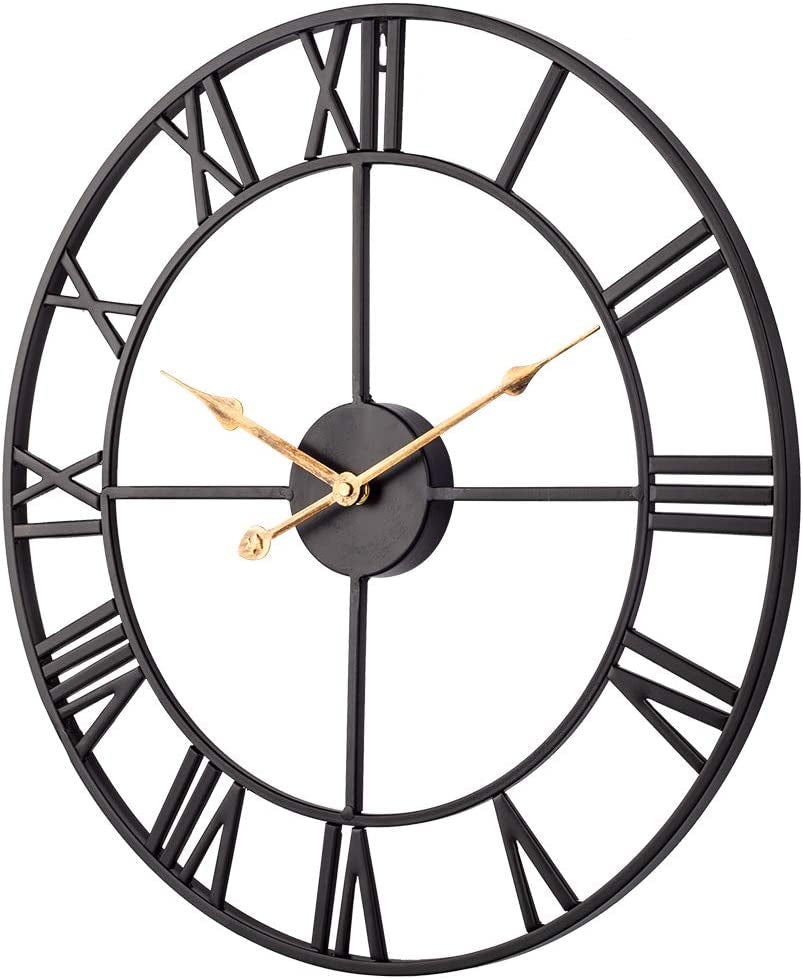 24 Inch Large Wall Clock, Silent Non Ticking Battery Operated Industrial Wall Clock with Roman Numerals, Vintage Metal round Decorative Indoor Outdoor Clock for Living Room, Kitchen, Patio - Black