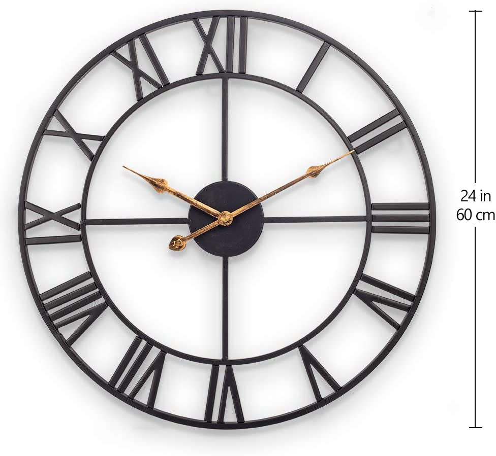 24 Inch Large Wall Clock, Silent Non Ticking Battery Operated Industrial Wall Clock with Roman Numerals, Vintage Metal round Decorative Indoor Outdoor Clock for Living Room, Kitchen, Patio - Black